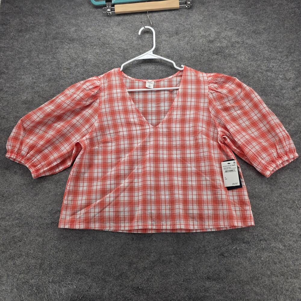 Melrose And Market Shirt Womens Medium Orange Plaid Puff Sleeve Cotton Top